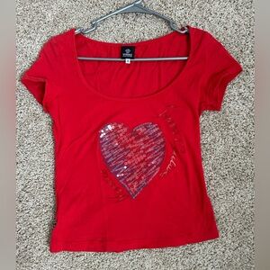 Versace Jeans Collection Red Scoop Neck Sequin Heart Tee